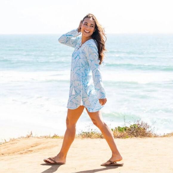 Charlie Holiday Coco Lace Up Swim Cover Up Dress Size 8Blue White Hooded Resort - Picture 1 of 6